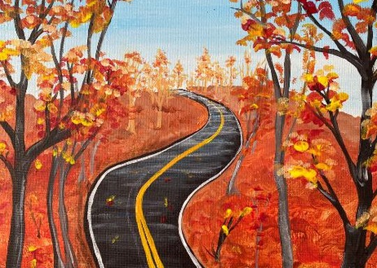 Acrylic painting of a winding road through autumn trees