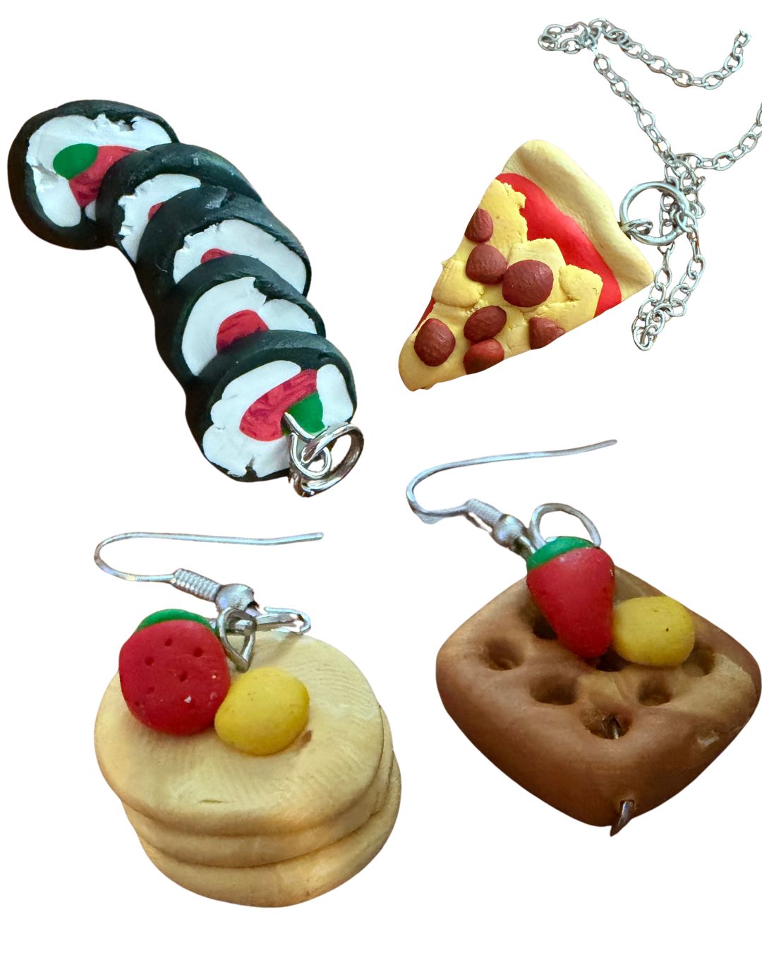 Handmade clay food jewelry: sushi, pizza, pancakes, and waffle