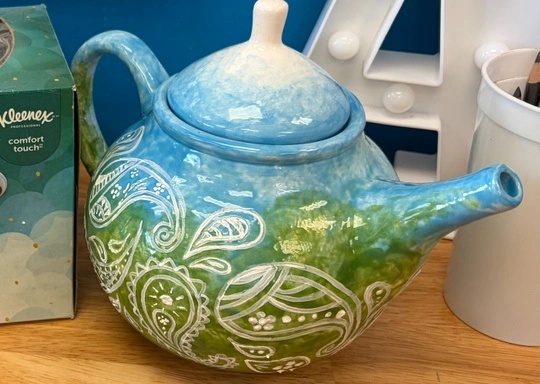 Blue and green glazed teapot workshop sample